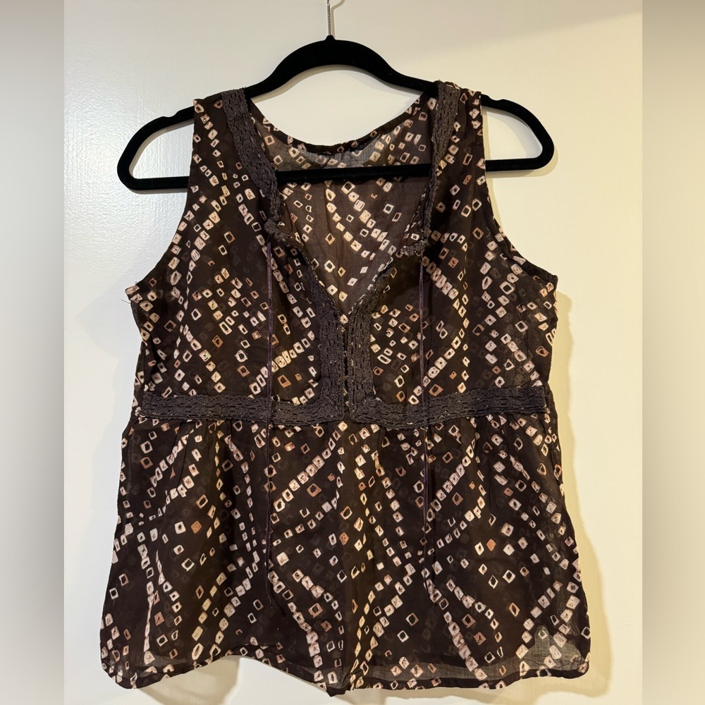 Sleeveless y2k vintage top sheer brown with geometric pattern size medium